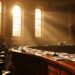 Sunlit government chamber with a curved wooden dais, microphones, scattered papers, and empty chairs.