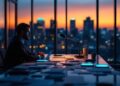 Man in a suit working on a laptop at a conference table by floor-to-ceiling windows at sunset, city skyline in the background.