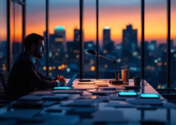 Man in a suit working on a laptop at a conference table by floor-to-ceiling windows at sunset, city skyline in the background.