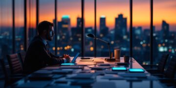Man in a suit working on a laptop at a conference table by floor-to-ceiling windows at sunset, city skyline in the background.