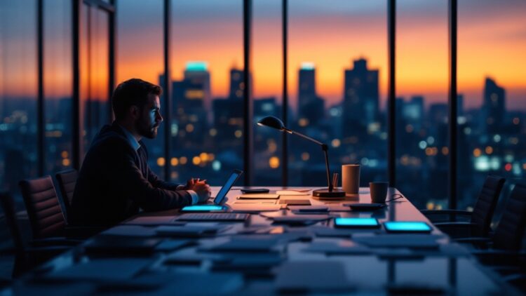 Man in a suit working on a laptop at a conference table by floor-to-ceiling windows at sunset, city skyline in the background.