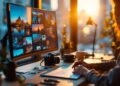 Person at a desk editing photos on a large monitor showing a collage; camera and printed photos sit on the desk, warm sunset light nearby.