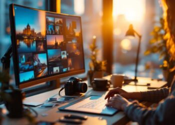 Person at a desk editing photos on a large monitor showing a collage; camera and printed photos sit on the desk, warm sunset light nearby.