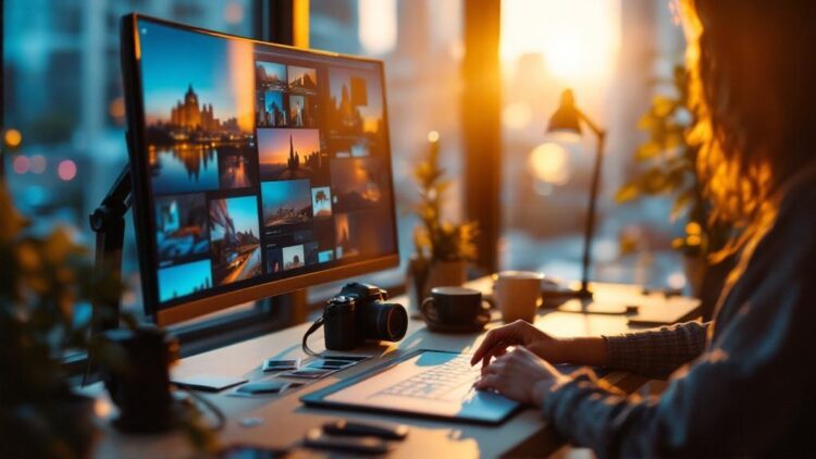 Person at a desk editing photos on a large monitor showing a collage; camera and printed photos sit on the desk, warm sunset light nearby.