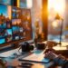 Person at a desk editing photos on a large monitor showing a collage; camera and printed photos sit on the desk, warm sunset light nearby.