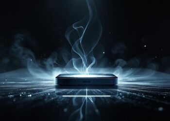 Dark scene with a sleek smartphone on a glowing, futuristic grid, blue smoke rising from the device.
