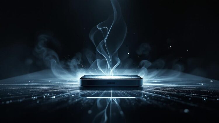 Dark scene with a sleek smartphone on a glowing, futuristic grid, blue smoke rising from the device.