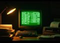 Retro computer workstation with a CRT monitor glowing green text, keyboard, printer, and a desk lamp on a cluttered desk.