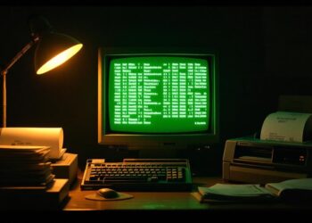 Retro computer workstation with a CRT monitor glowing green text, keyboard, printer, and a desk lamp on a cluttered desk.