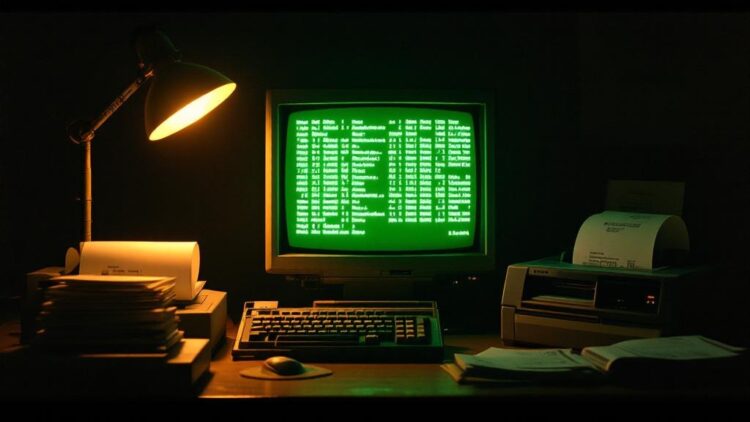 Retro computer workstation with a CRT monitor glowing green text, keyboard, printer, and a desk lamp on a cluttered desk.