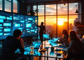 Team in a modern office watches a presenter explain a large screen filled with chat bubbles at sunset.