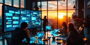 Team in a modern office watches a presenter explain a large screen filled with chat bubbles at sunset.