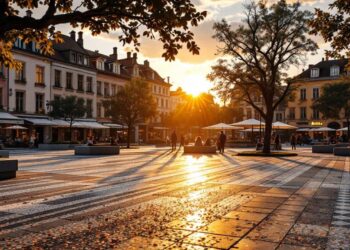Sunlit city square at sunset with benches, trees, and outdoor café tables; people strolling.