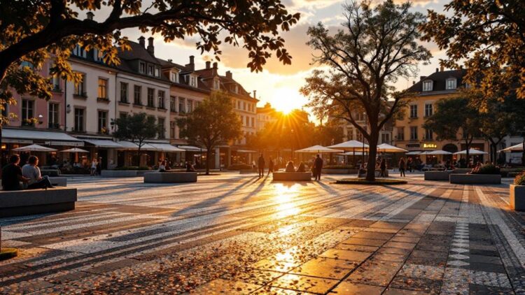 Sunlit city square at sunset with benches, trees, and outdoor café tables; people strolling.
