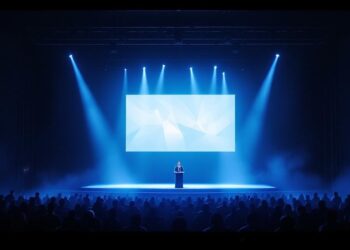 Speaker at a podium on a lit stage with blue spotlights and a geometric screen, audience in the dark.