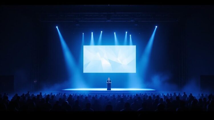 Speaker at a podium on a lit stage with blue spotlights and a geometric screen, audience in the dark.