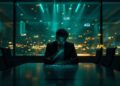 A man in a dark suit sits at a conference table, deep in thought, with glowing AI terms like LLM, AGI, and API projected in the background.