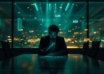 A man in a dark suit sits at a conference table, deep in thought, with glowing AI terms like LLM, AGI, and API projected in the background.