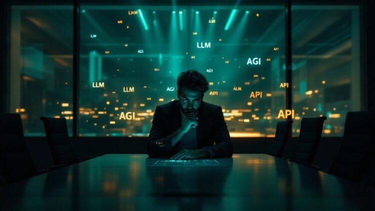 A man in a dark suit sits at a conference table, deep in thought, with glowing AI terms like LLM, AGI, and API projected in the background.