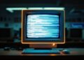 Retro CRT monitor on a desk showing blue code lines, with keyboard and mouse in a dim lab.