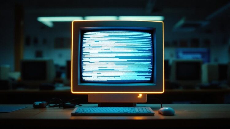 Retro CRT monitor on a desk showing blue code lines, with keyboard and mouse in a dim lab.