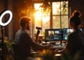 Two people editing video at a desk with dual monitors, a ring light, and a camera, bathed in sunset light.