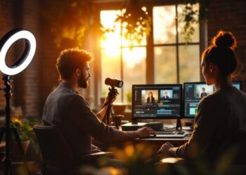 Two people editing video at a desk with dual monitors, a ring light, and a camera, bathed in sunset light.