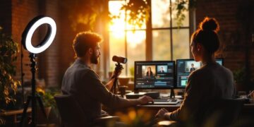Two people editing video at a desk with dual monitors, a ring light, and a camera, bathed in sunset light.