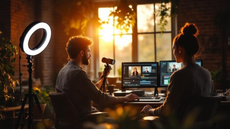 Two people editing video at a desk with dual monitors, a ring light, and a camera, bathed in sunset light.