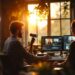 Two people editing video at a desk with dual monitors, a ring light, and a camera, bathed in sunset light.