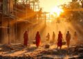 Monks in orange robes walk through a dusty construction site at sunset, carrying baskets.