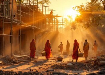 Monks in orange robes walk through a dusty construction site at sunset, carrying baskets.