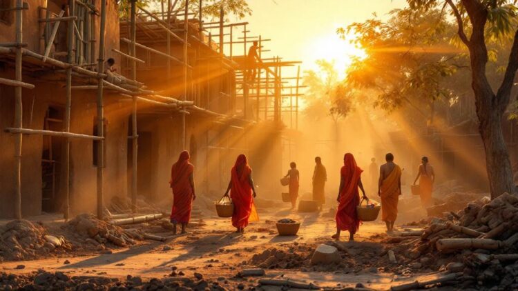 Monks in orange robes walk through a dusty construction site at sunset, carrying baskets.