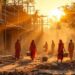 Monks in orange robes walk through a dusty construction site at sunset, carrying baskets.