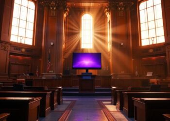 A grand courtroom with wooden benches and a central lectern, a purple-lit screen, flags, and sunlight streaming through a tall arched window behind the podium.