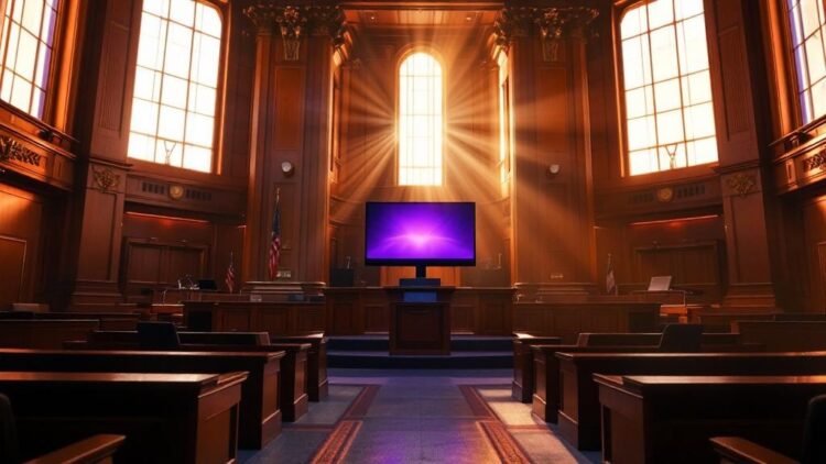 A grand courtroom with wooden benches and a central lectern, a purple-lit screen, flags, and sunlight streaming through a tall arched window behind the podium.