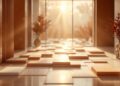 Sunlit modern hallway with rectangular wooden floor tiles arranged in a grid, two vases with red foliage at the sides, leading to glass doors.