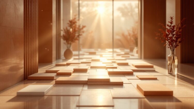 Sunlit modern hallway with rectangular wooden floor tiles arranged in a grid, two vases with red foliage at the sides, leading to glass doors.