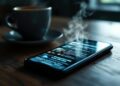 Smartphone on a wooden table with a steaming cup of coffee in the background, in a cozy cafe setting.