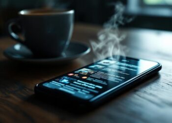 Smartphone on a wooden table with a steaming cup of coffee in the background, in a cozy cafe setting.