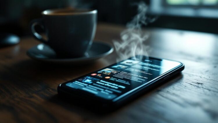 Smartphone on a wooden table with a steaming cup of coffee in the background, in a cozy cafe setting.