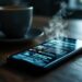 Rahat bir kafe ortamında, arka planda buhar çıkan bir fincan kahve eşliğinde ahşap bir masanın üzerinde duran bir akıllı telefon.