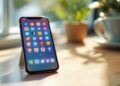 Smartphone resting on a wooden table displaying colorful app icons on the home screen, with a blurred plant and mug in the bright background.