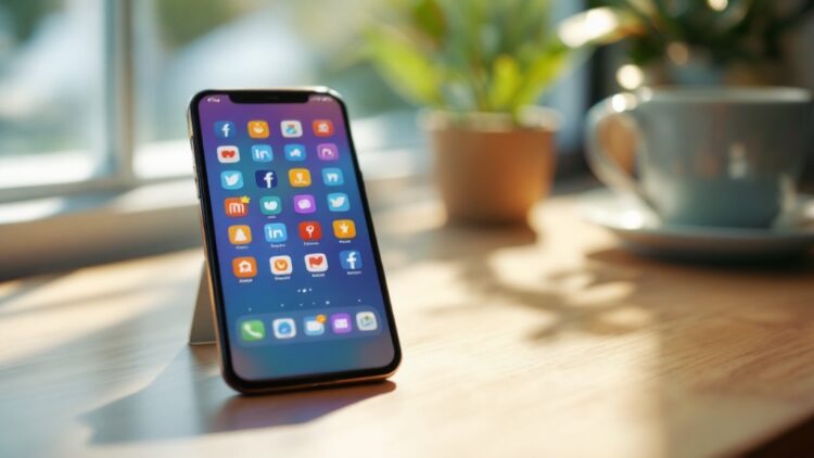 Smartphone resting on a wooden table displaying colorful app icons on the home screen, with a blurred plant and mug in the bright background.