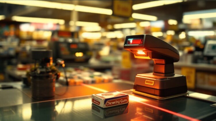 Point-of-sale checkout desk with a barcode scanner and a pack of chewing gum on the counter, blurred store background