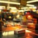Point-of-sale checkout desk with a barcode scanner and a pack of chewing gum on the counter, blurred store background