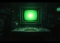 Vintage computer console in a dark room, glowing green CRT monitor surrounded by retro equipment and control panels.