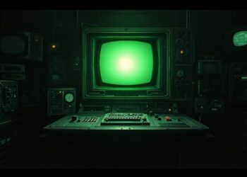 Vintage computer console in a dark room, glowing green CRT monitor surrounded by retro equipment and control panels.