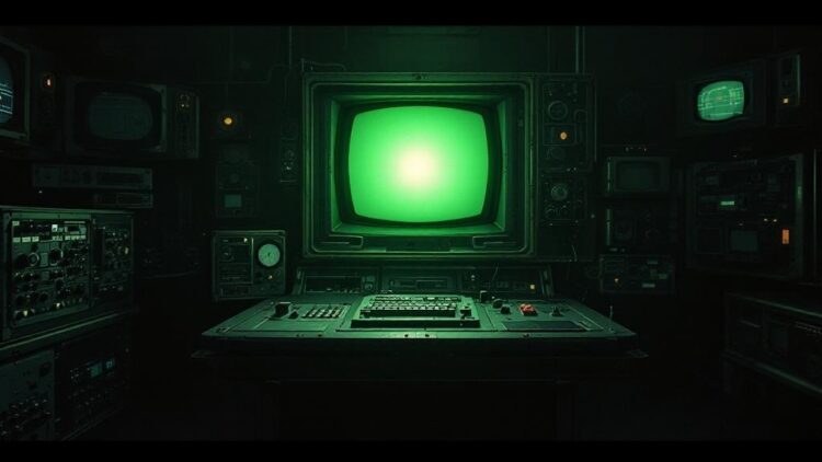 Vintage computer console in a dark room, glowing green CRT monitor surrounded by retro equipment and control panels.