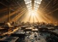 Abandoned factory interior with sunlight streaming through windows, rows of broken desks and scattered debris on the floor.